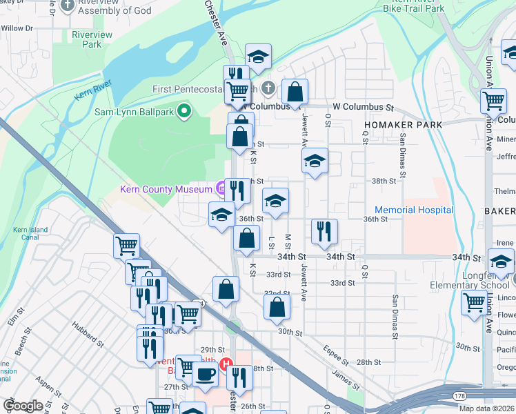 map of restaurants, bars, coffee shops, grocery stores, and more near 1330 36th Street in Bakersfield