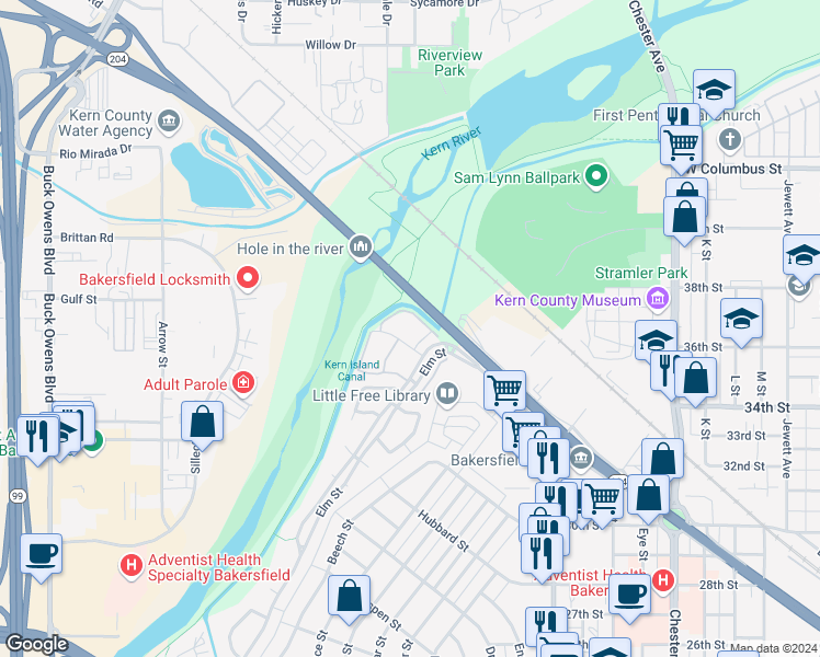 map of restaurants, bars, coffee shops, grocery stores, and more near 3200 El Encanto Court in Bakersfield