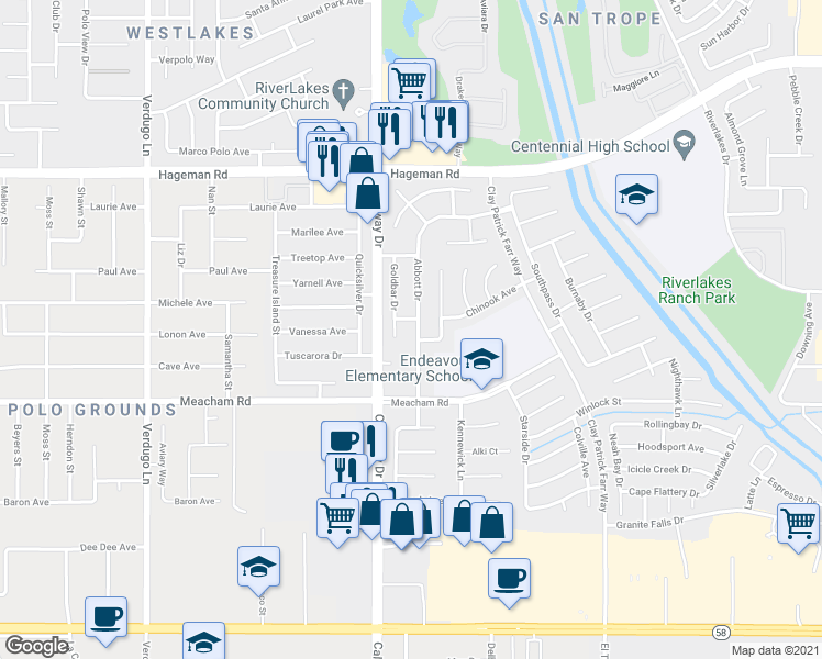 map of restaurants, bars, coffee shops, grocery stores, and more near 3604 Goldbar Drive in Bakersfield