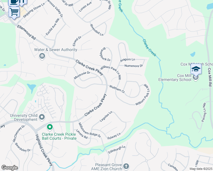 map of restaurants, bars, coffee shops, grocery stores, and more near 10005 Montrose Drive in Charlotte