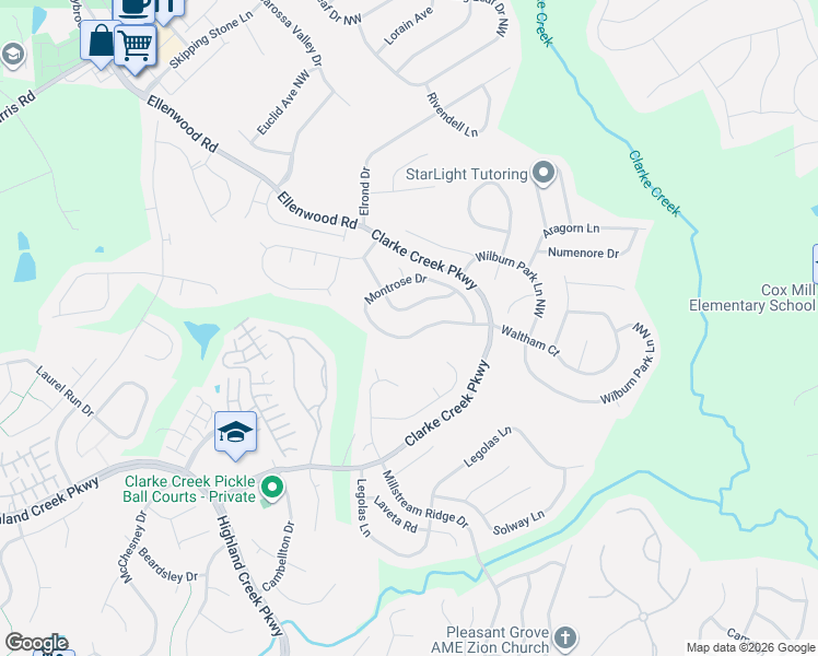 map of restaurants, bars, coffee shops, grocery stores, and more near 10141 Montrose Drive in Charlotte