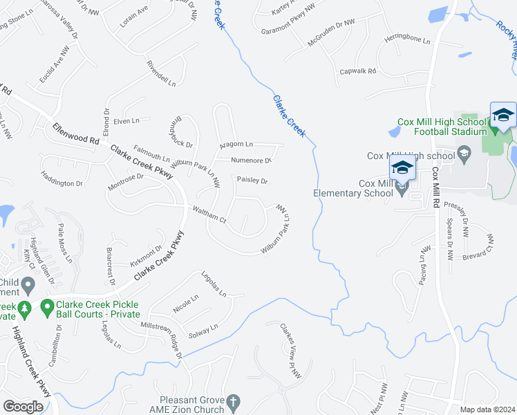 map of restaurants, bars, coffee shops, grocery stores, and more near 9650 Waltham Court in Charlotte