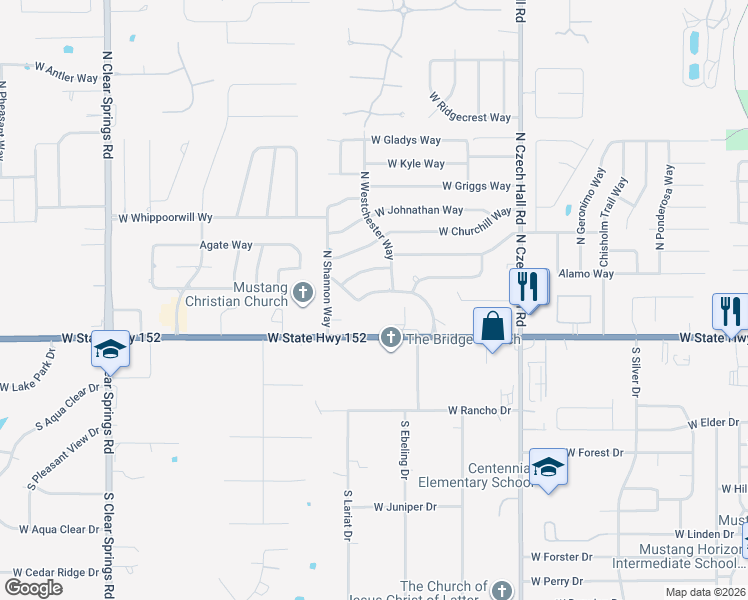 map of restaurants, bars, coffee shops, grocery stores, and more near 1216 West Westchester Way in Mustang