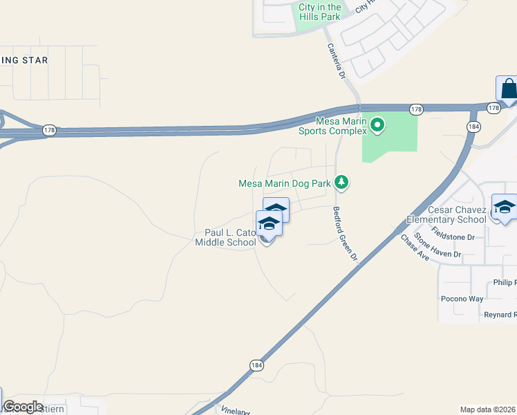 map of restaurants, bars, coffee shops, grocery stores, and more near 9801 Highland Knolls Drive in Bakersfield