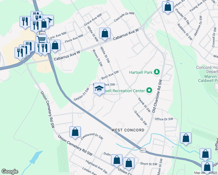 map of restaurants, bars, coffee shops, grocery stores, and more near 202 Brown Street Southwest in Concord