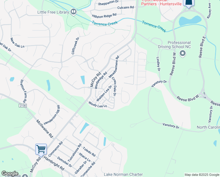 map of restaurants, bars, coffee shops, grocery stores, and more near 12512 Walden Lea Drive in Huntersville
