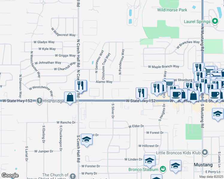 map of restaurants, bars, coffee shops, grocery stores, and more near 204 South Silver Drive in Mustang