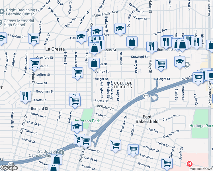 map of restaurants, bars, coffee shops, grocery stores, and more near 2227 Berkeley Street in Bakersfield
