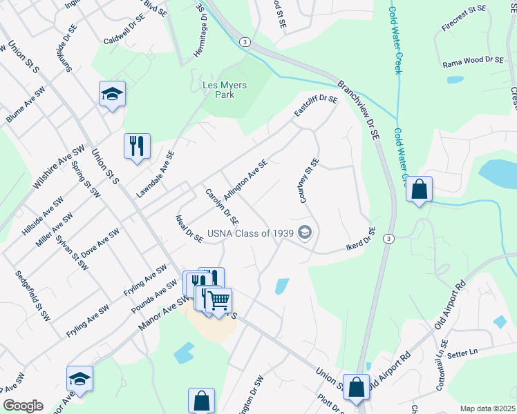 map of restaurants, bars, coffee shops, grocery stores, and more near 800 Marble Street Southeast in Concord