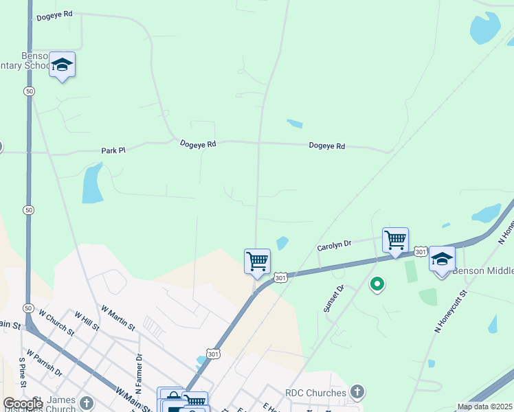 map of restaurants, bars, coffee shops, grocery stores, and more near North Carolina 242 in Benson