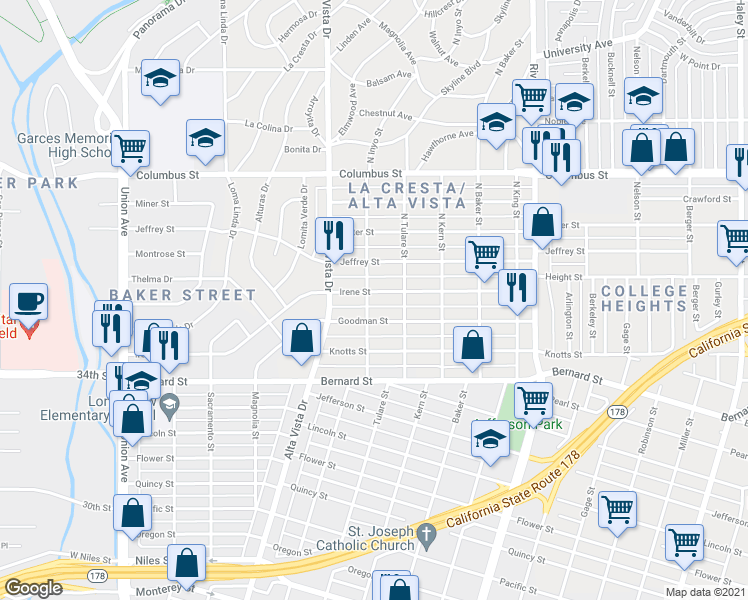 map of restaurants, bars, coffee shops, grocery stores, and more near 401 Irene Street in Bakersfield