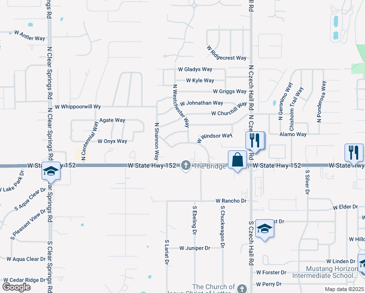 map of restaurants, bars, coffee shops, grocery stores, and more near 1208 West Westchester Way in Mustang
