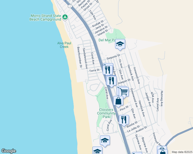 map of restaurants, bars, coffee shops, grocery stores, and more near 190 Verdon Street in Morro Bay