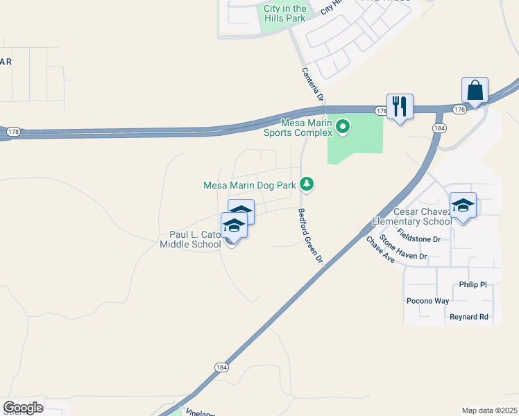 map of restaurants, bars, coffee shops, grocery stores, and more near 9801 Highland Knolls Drive in Bakersfield