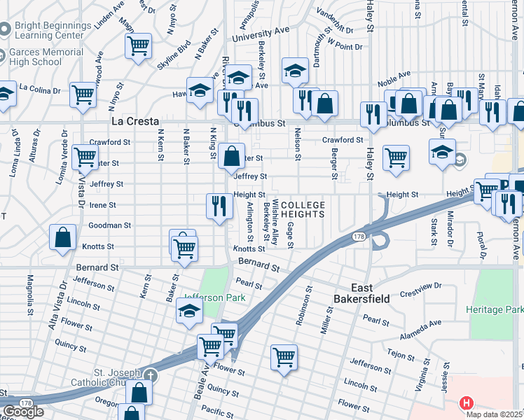map of restaurants, bars, coffee shops, grocery stores, and more near 2227 Berkeley Street in Bakersfield