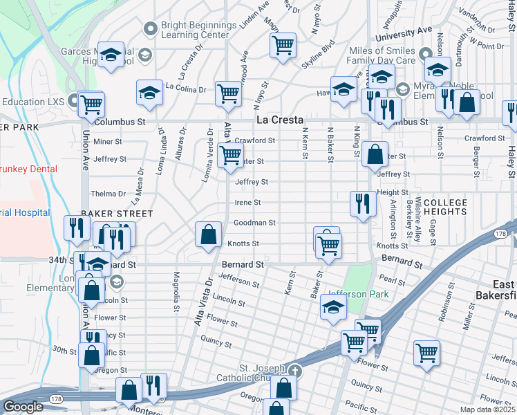 map of restaurants, bars, coffee shops, grocery stores, and more near 400 Goodman Street in Bakersfield