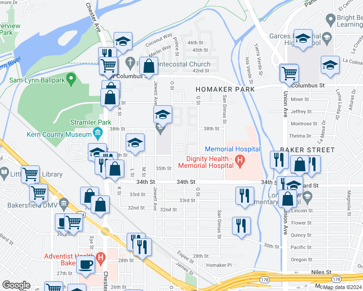 map of restaurants, bars, coffee shops, grocery stores, and more near 39 36th Street in Bakersfield