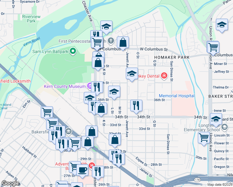 map of restaurants, bars, coffee shops, grocery stores, and more near 3602 L Street in Bakersfield