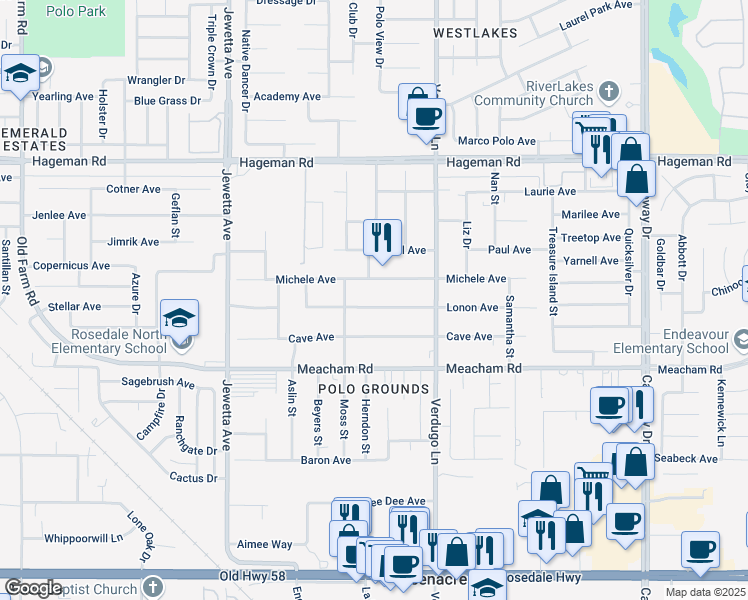 map of restaurants, bars, coffee shops, grocery stores, and more near 10613 Lonon Avenue in Bakersfield