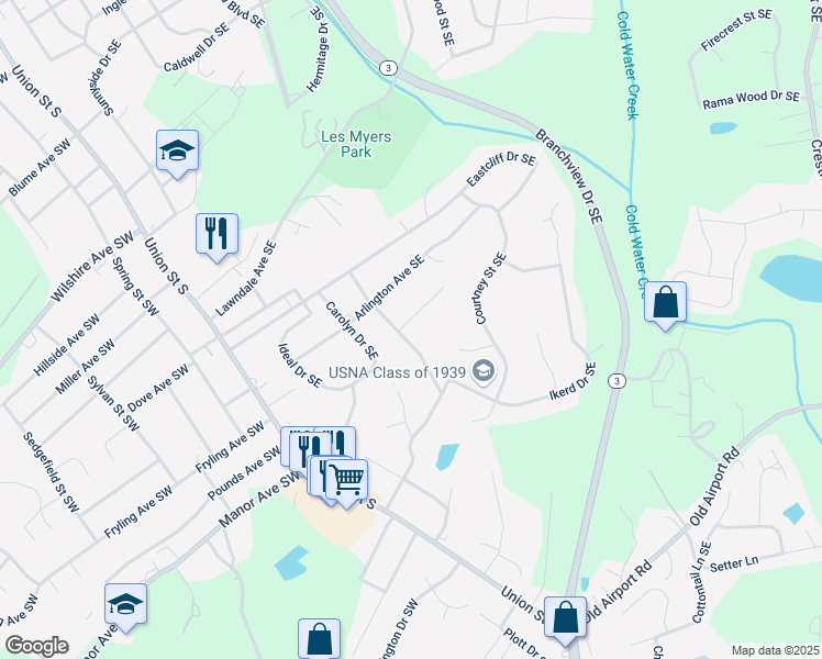 map of restaurants, bars, coffee shops, grocery stores, and more near 800 Marble Street Southeast in Concord