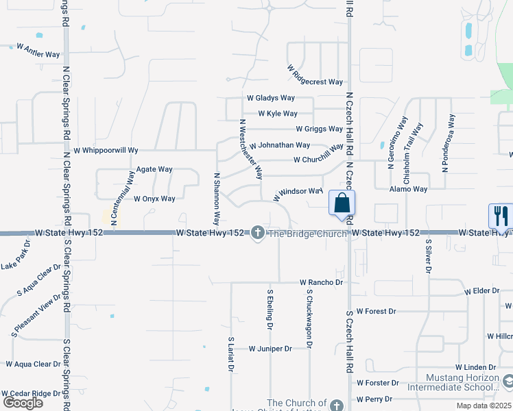 map of restaurants, bars, coffee shops, grocery stores, and more near 1113 West State Highway 152 in Mustang