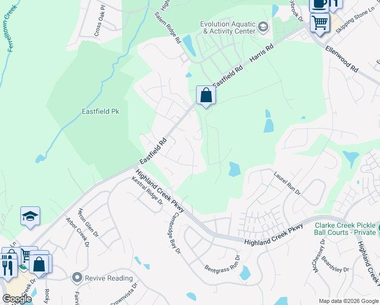 map of restaurants, bars, coffee shops, grocery stores, and more near 14115 Bernardy Lane in Charlotte