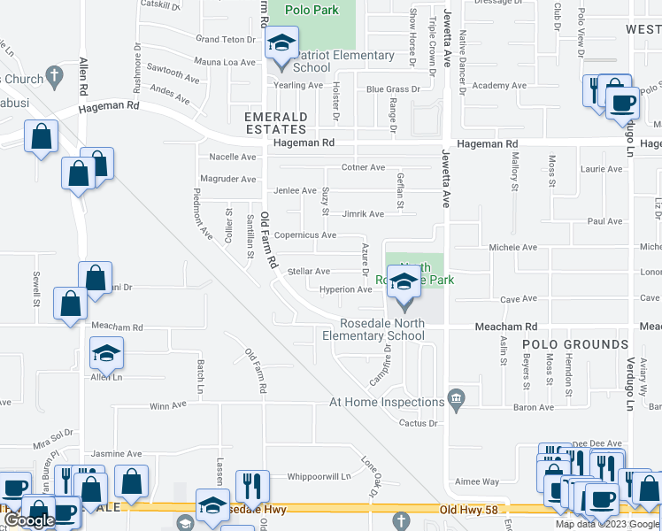 map of restaurants, bars, coffee shops, grocery stores, and more near 11802 Stellar Avenue in Bakersfield