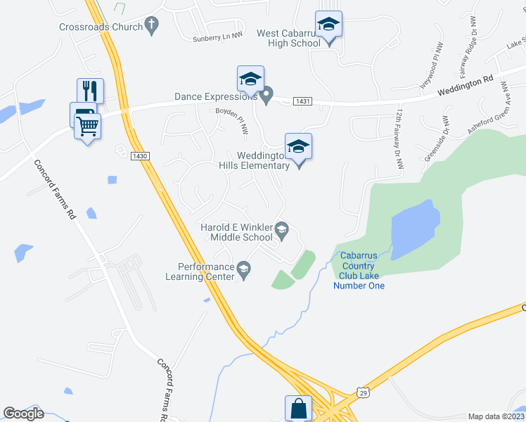 map of restaurants, bars, coffee shops, grocery stores, and more near 1364 Yorkshire Place Northwest in Concord
