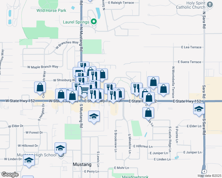 map of restaurants, bars, coffee shops, grocery stores, and more near 294 East Pebble Creek Terrace in Mustang