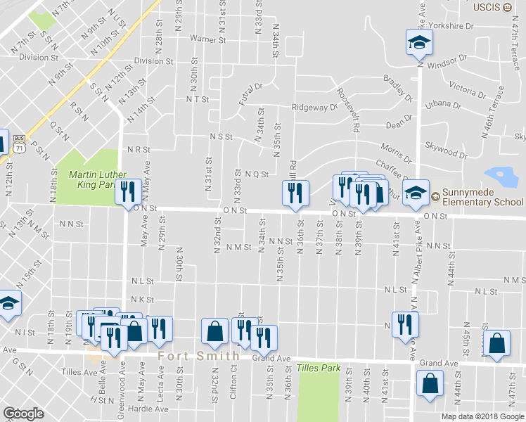 map of restaurants, bars, coffee shops, grocery stores, and more near 3401 O North Street in Fort Smith