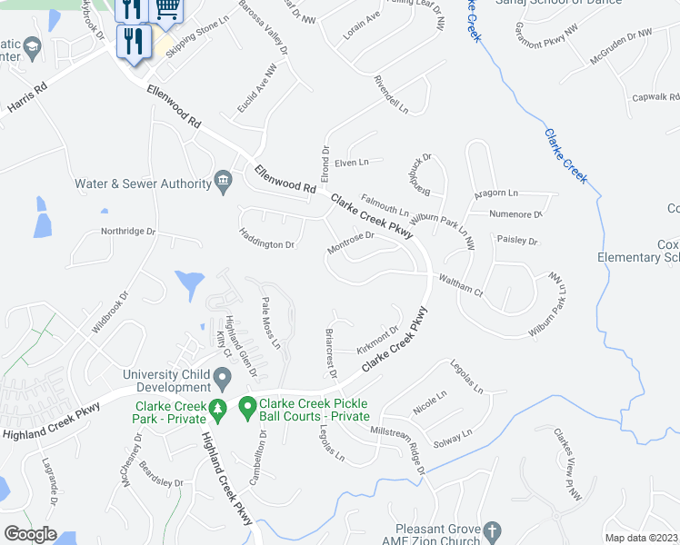 map of restaurants, bars, coffee shops, grocery stores, and more near 10206 Montrose Drive in Charlotte