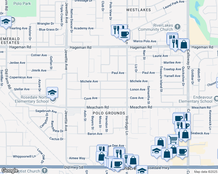 map of restaurants, bars, coffee shops, grocery stores, and more near 10613 Lonon Avenue in Bakersfield