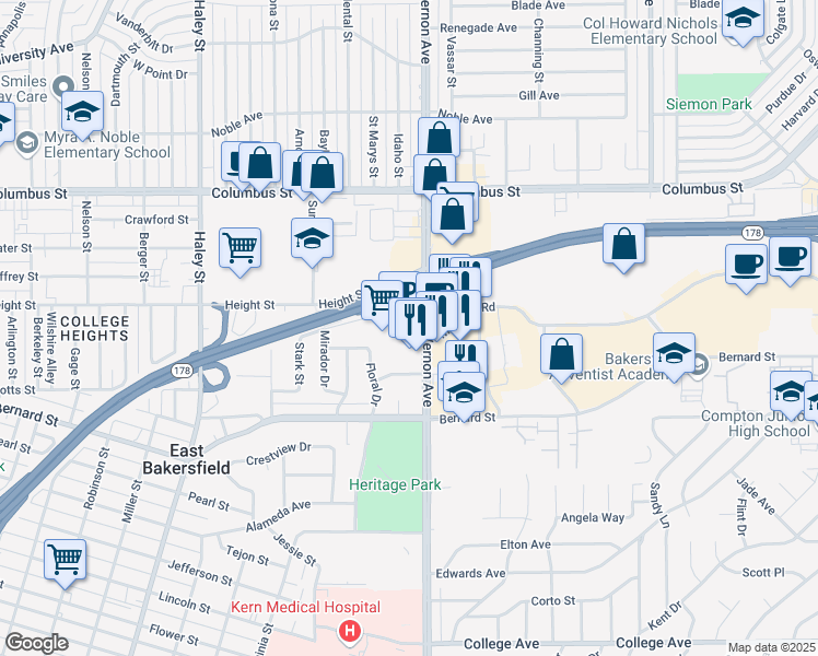 map of restaurants, bars, coffee shops, grocery stores, and more near 2650 Mount Vernon Avenue in Bakersfield