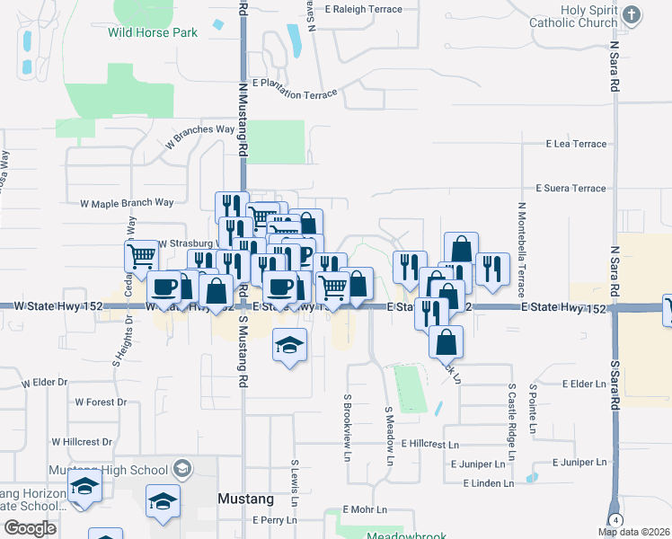 map of restaurants, bars, coffee shops, grocery stores, and more near 300 East Pebble Creek Terrace in Mustang