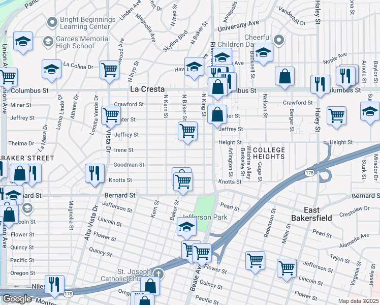map of restaurants, bars, coffee shops, grocery stores, and more near 2 Irene Street in Bakersfield