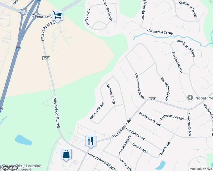 map of restaurants, bars, coffee shops, grocery stores, and more near 1600 Andover Street Northwest in Concord