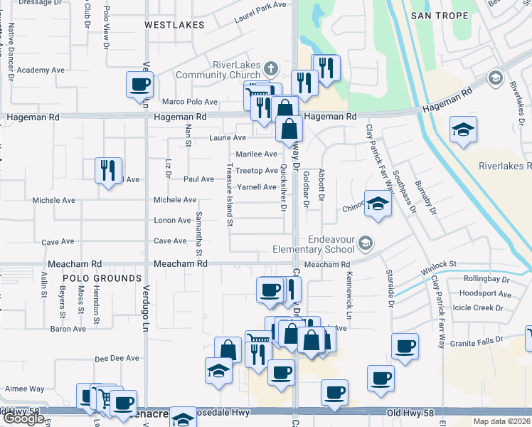 map of restaurants, bars, coffee shops, grocery stores, and more near 9816 Vanessa Avenue in Bakersfield