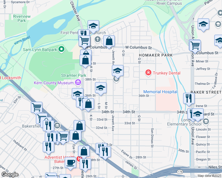 map of restaurants, bars, coffee shops, grocery stores, and more near 3617 Jewett Avenue in Bakersfield