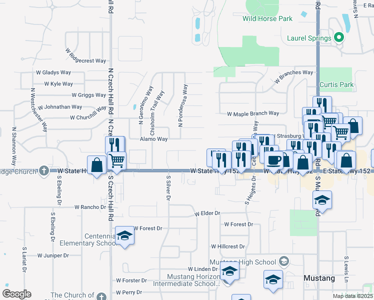 map of restaurants, bars, coffee shops, grocery stores, and more near 551 West Shadow Ridge Way in Mustang