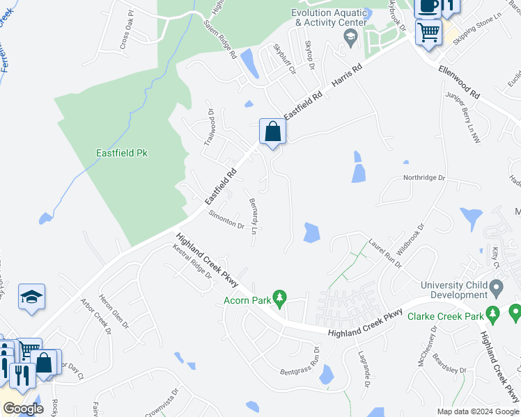 map of restaurants, bars, coffee shops, grocery stores, and more near 14112 Bernardy Lane in Charlotte