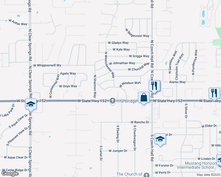 map of restaurants, bars, coffee shops, grocery stores, and more near 1125 West State Highway 152 in Mustang