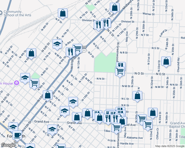 map of restaurants, bars, coffee shops, grocery stores, and more near 1804 North N Street in Fort Smith