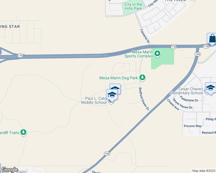 map of restaurants, bars, coffee shops, grocery stores, and more near 9801 Highland Knolls Drive in Bakersfield