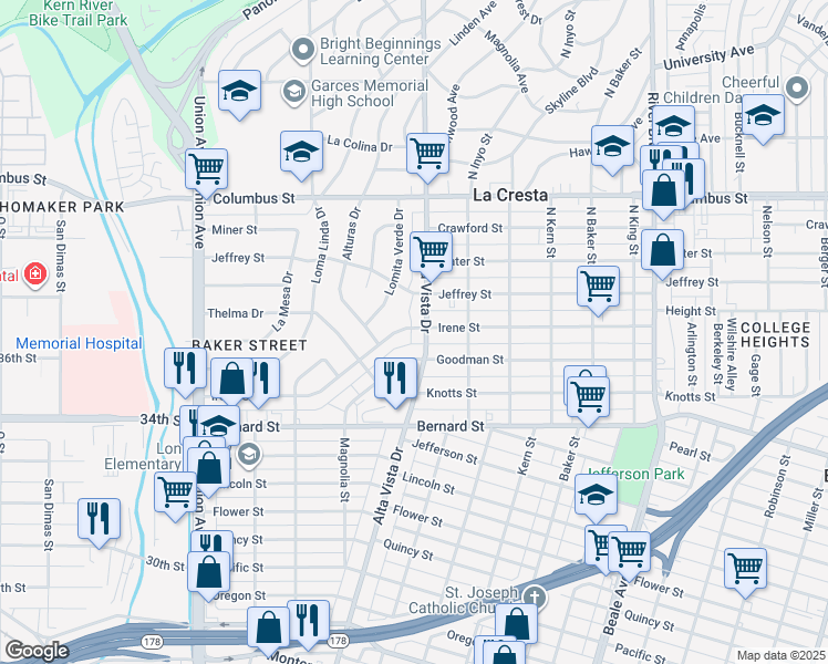 map of restaurants, bars, coffee shops, grocery stores, and more near 250 Goodman Street in Bakersfield