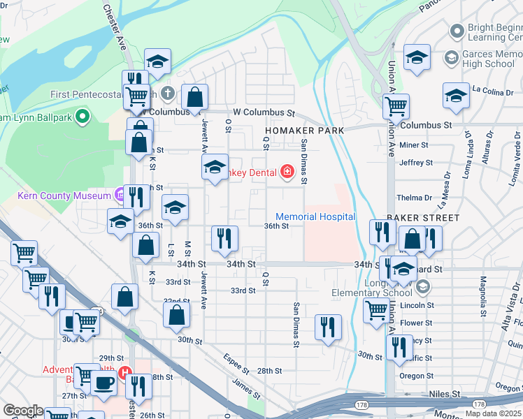 map of restaurants, bars, coffee shops, grocery stores, and more near 39 36th Street in Bakersfield
