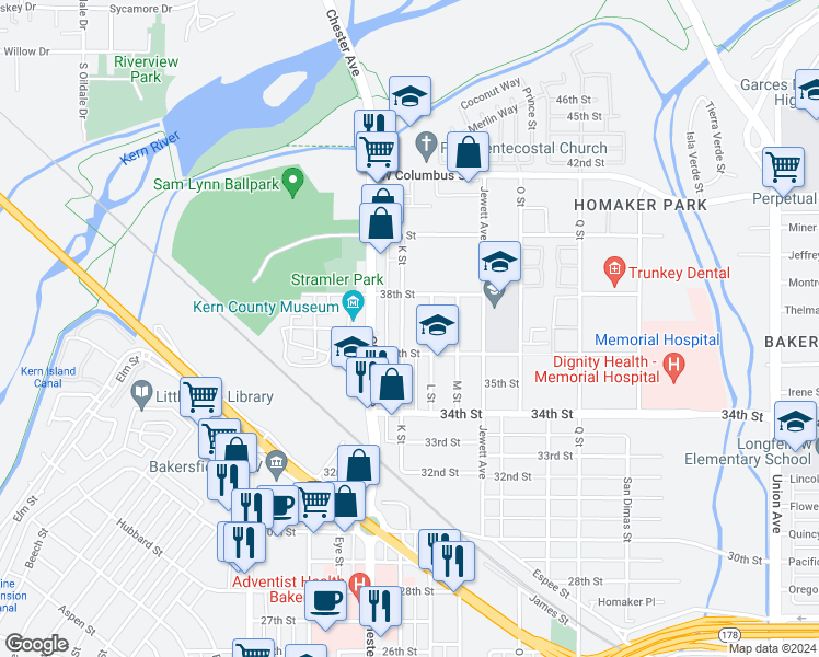 map of restaurants, bars, coffee shops, grocery stores, and more near 1330 36th Street in Bakersfield