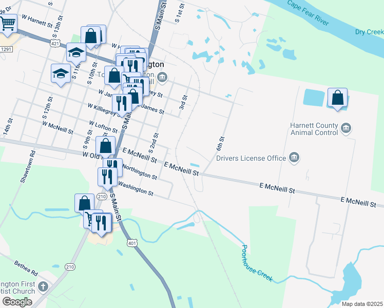 map of restaurants, bars, coffee shops, grocery stores, and more near 101 Laura Lane in Lillington