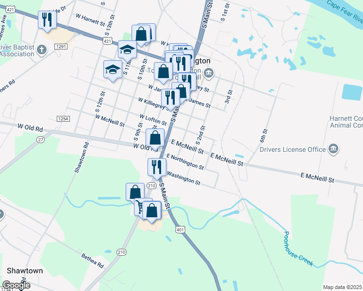 map of restaurants, bars, coffee shops, grocery stores, and more near 116 East McNeill Street in Lillington
