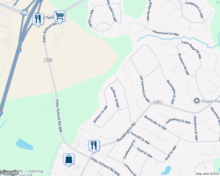 map of restaurants, bars, coffee shops, grocery stores, and more near 1600 Andover Street Northwest in Concord