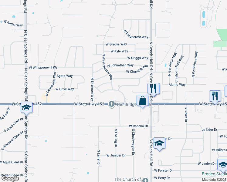 map of restaurants, bars, coffee shops, grocery stores, and more near 1113 West State Highway 152 in Mustang